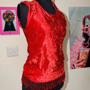 VINTAGE RED CRUSHED VELVET BEADED TASSEL TOP